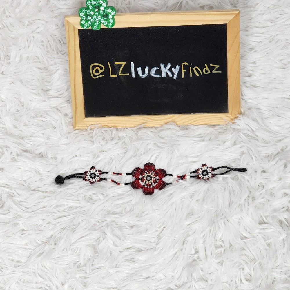 Hand Crafted Flower Bracelet/Red, White and Black